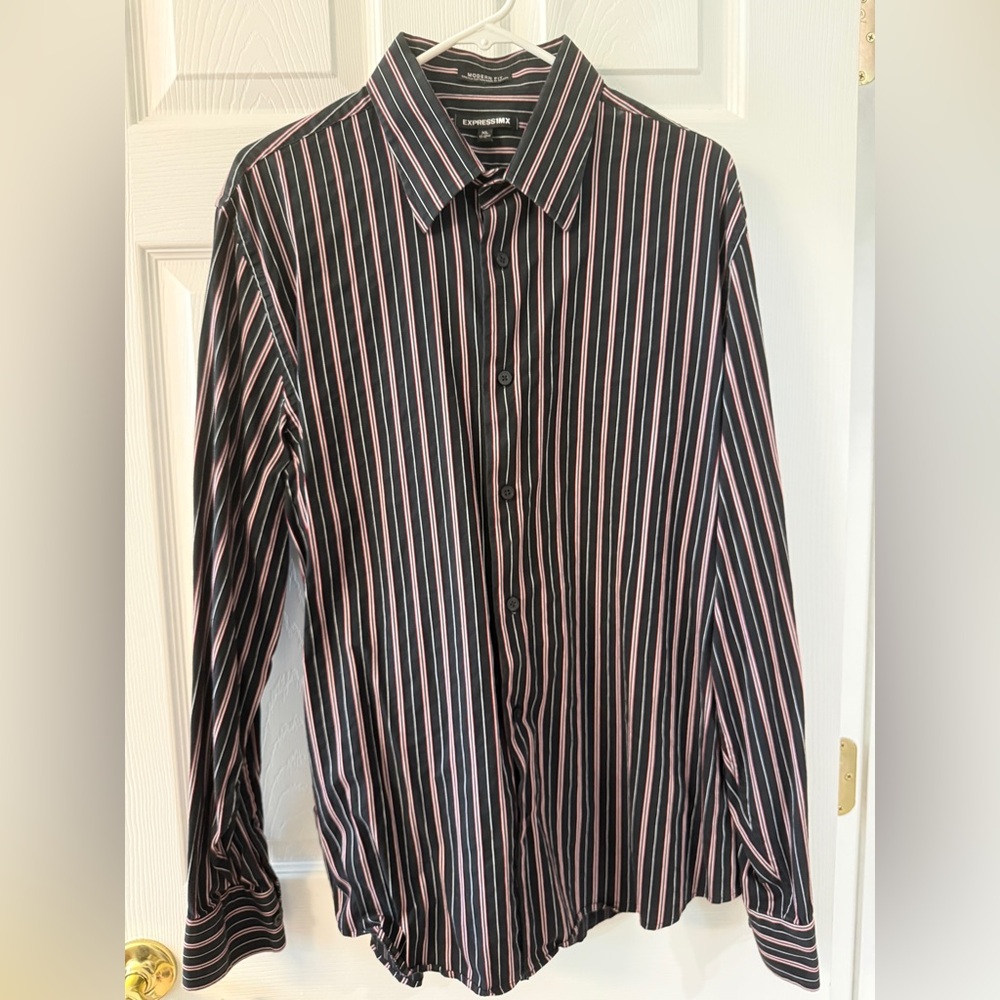 Express 1MX Modern Fit Stretch Cotton Striped Dress Shirt